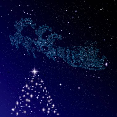Noel Baba ve kızağı Noel gecesi stoğunda. Arka plan mavi.