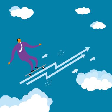 İş adamı havada sörf yapıyor. Arka plan mavi..