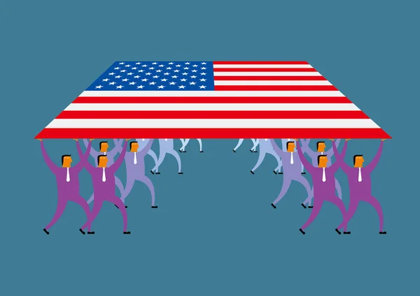Skupina Lidí Vztyčila Americkou Vlajku Izolováno Modrém Pozadí — Stockový vektor