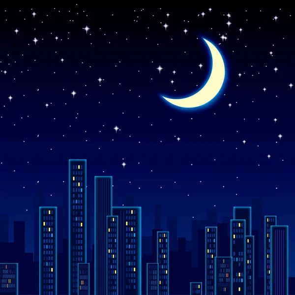 Vista Noturna Cidade Estrelas Lua Estão Céu — Vetor de Stock