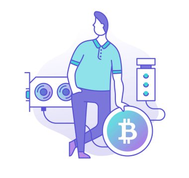 Bir bitcoin ile ayakta, madencilik ve depolama cryptocurrency sürecini kontrol etme adam