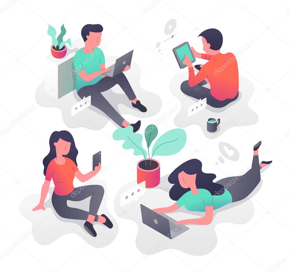 Young people with modern gadgets communicating via internet, networking, chatting, sharing information, sending messages, searching friends. Isometric illustration