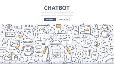 Doodle vektör çizim çevrimiçi iletişim, klavyede yazarak bir robot. Sohbet bot teknoloji. Sohbet etmek kavramı web afiş, kahraman görüntüleri, basılı malzemeler için