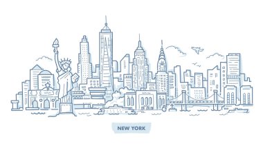 New York manzarası ile ünlü simge. Elle çizilmiş Doodle illüstrasyon