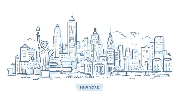 Στον Ορίζοντα Της Νέας Υόρκης Διάσημα Ορόσημα Χέρι Doodle Εικονογράφηση — Διανυσματικό Αρχείο