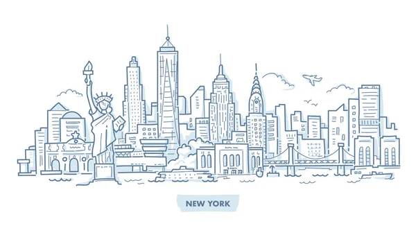 New York Skyline Híres Tereptárgyak Kézzel Rajzolt Firka Illusztráció — Stock Vector