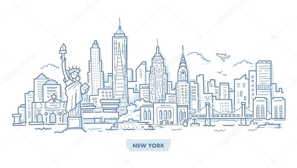 New York Skyline with Famous Landmarks. Hand Drawn Doodle Illustration