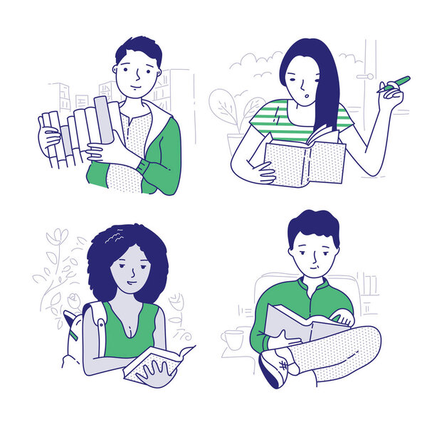 Young people book lovers reading books. Education and self development concepts. Hand drawn vector doodle illustrations