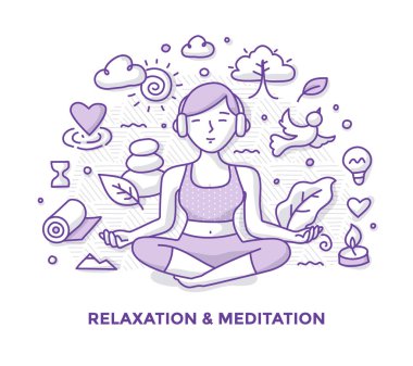 Lotus poz, meditasyon kadın, kulaklık ile müzik dinlemek ve rahatlatıcı Illustration. Mindfulness ve meditasyon doodle kavramı