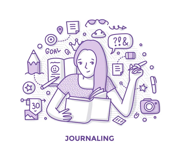Illustration Jeune Femme Prise Notes Dans Journal Écriture Son Journal — Image vectorielle