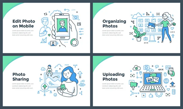 Ilustrações Linha Tirar Editar Organizar Enviar Fotos Line Conceitos Vetoriais — Vetor de Stock