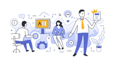 Yüksek kaliteli içerik üreten profesyonel bir ekip Illustration. Web afiş, kahraman görüntüleri, basılı malzemeler için içerik oluşturma kavramı