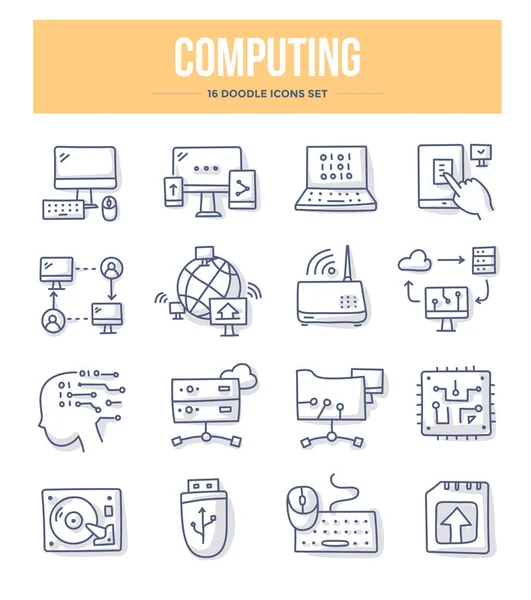 Computing Networking Doodle Vector Icons Set Computer Devices Communication Sharing — Stock Vector