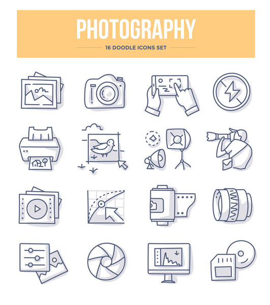 Photography, photo equipment, post-production and photo shooting doodle vector icons for website and printing materials 