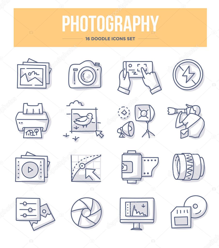 Photography, photo equipment, post-production and photo shooting doodle vector icons for website and printing materials 