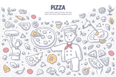 Şef holding pizza. Pizza pişirme vektör kavramı doodle. Gösterim amacıyla web afiş, kahraman görüntüleri, basılı malzemeler