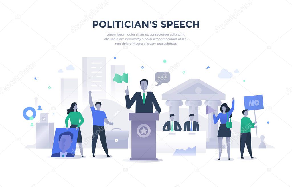 Politician giving speech during election campaign. Some people in the crowd support him, some oppose him. Flat illustration concept of politics and public speech