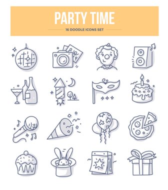 Parti ve tatil ile ilgili simgeler doodle. Vektör çizimler kutlama Web sitesi ve baskı malzemeleri için 