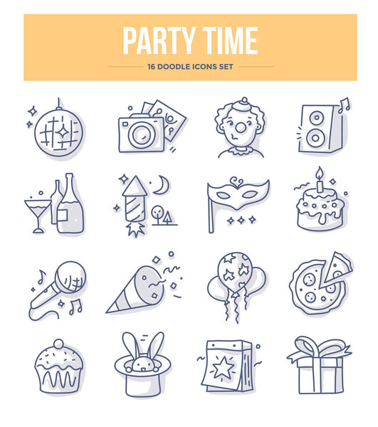 Party and holiday related doodle icons. Vector illustrations of celebration for website and printing materials 