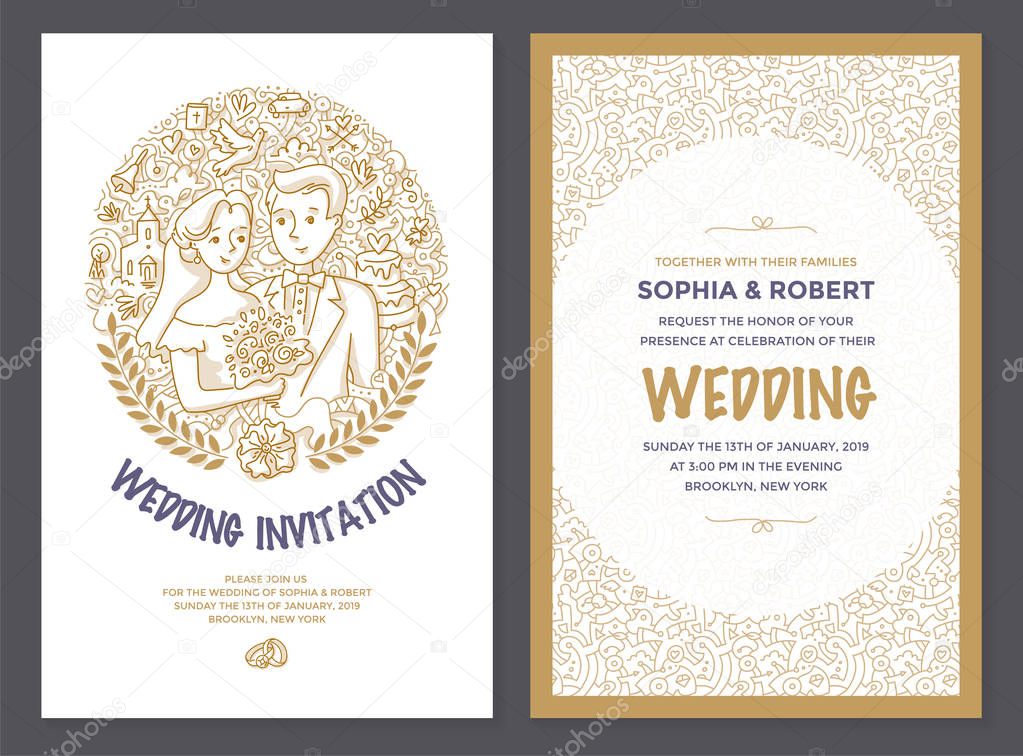 The bride with a bouquet of flowers and groom stand together smiling, surrounded by a pattern of different wedding related elements. Doodle wedding invitation card, poster template