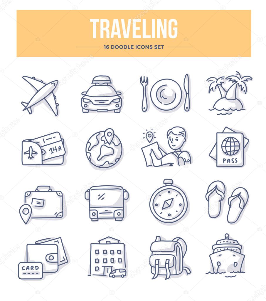 Traveling and tourism doodle icons collection. Stay in hotel, tickets and pass, transport for travel, common traveler items. Vector illustrations of for website and printing materials 