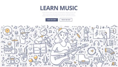 Genç kız müzik gitar oynayarak öğrenin. Çocukların müzik dersi üzerinde çeşitli müzik aletleri ile. Kavram öğrenme müzik web afiş, kahraman resim ve baskı malzemeleri için doodle