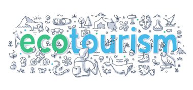 Ekoturizm, kelime yazı yazılmış el ile soyut illüstrasyon seyahat sorumlu. Düşük etkili turizm web afiş, kahraman resim ve baskı malzeme için kavramı doodle