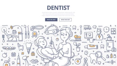 Kadın diş hekimi ve diş prosedür sırasında hasta. Diş office, araçları ve ekipmanları. Diş Hekimliği web afiş, kahraman resim ve baskı malzemeleri için kavramı doodle