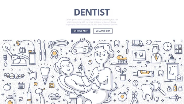 Mulher Dentista Paciente Durante Procedimento Odontológico Odontologia Ferramentas Equipamentos Doodle — Vetor de Stock