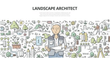 Site planı ile peyzaj mimarı. Peyzaj mimarisi ve web afiş, kahraman resim ve baskı malzemeleri için Bahçe Tasarım kavramı doodle