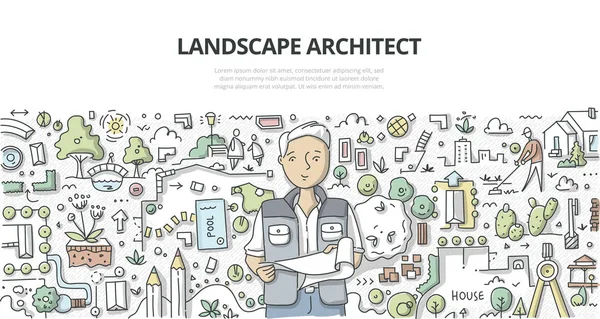 Landschaftsarchitekt Mit Bauplan Doodle Konzept Der Landschaftsarchitektur Und Gartengestaltung Für — Stockvektor