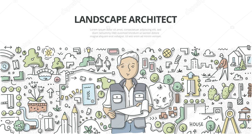 Landscape architect with site blueprint. Doodle concept of landscape architecture and garden design for web banner, hero images and printing materials