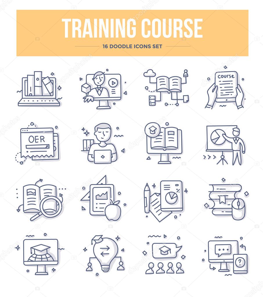 Training course and online education doodle icons collection. E-learning vector hand drawn illustrations for website and printing materials 