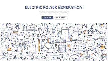 Elektrik enerjisi üretimi doodle kavramı. Kask ile iş yerinde pano içinde elektrik mühendisi. El çekilmiş resmi web afiş, kahraman resim ve baskı malzemeleri için