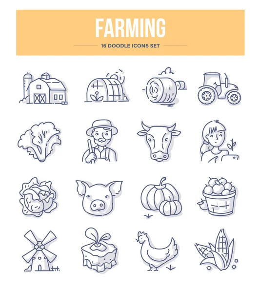 Agriculture Farming Doodle Icons Collection Village Farm Farmers Livestock Organic — Stock Vector