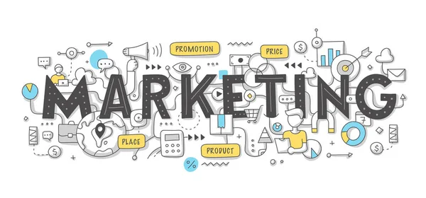 Concepto Marketing Con Letras Palabras Escritas Mano Mezcla Marketing Producto — Vector de stock