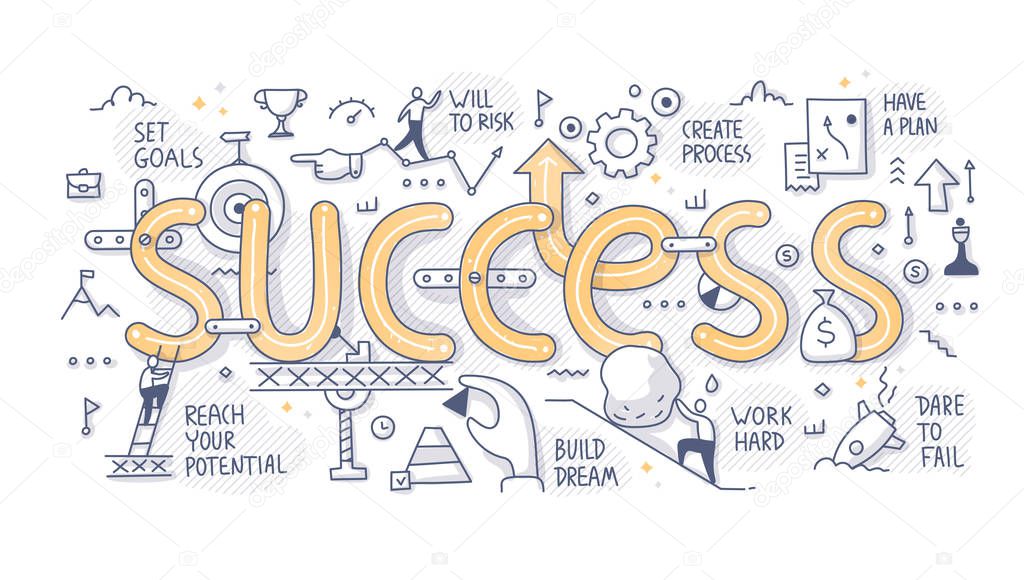 The concept of success. Various components of successful outcome. Hand drawn doodle illustration for web banner, hero image and printing material