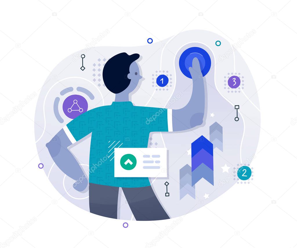 Workflow management concept. Man interacting with abstract business process, setting milestones, managing business growth. Flat illustration on white background