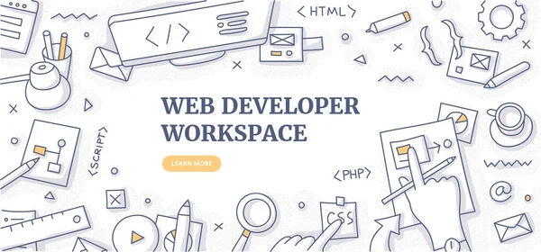 Desarrollador web Workspace Doodle Concepto de fondo — Vector de stock