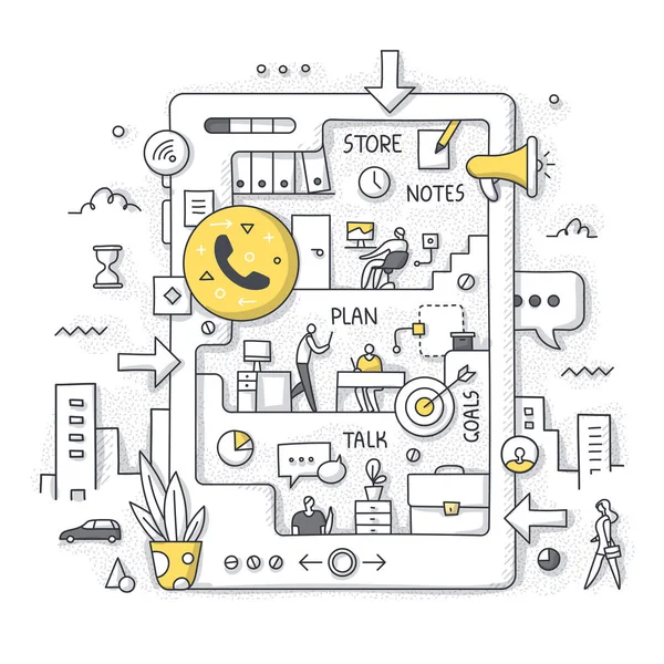 Oficina en su teléfono móvil. Concepto de Doodle dibujado a mano — Archivo Imágenes Vectoriales