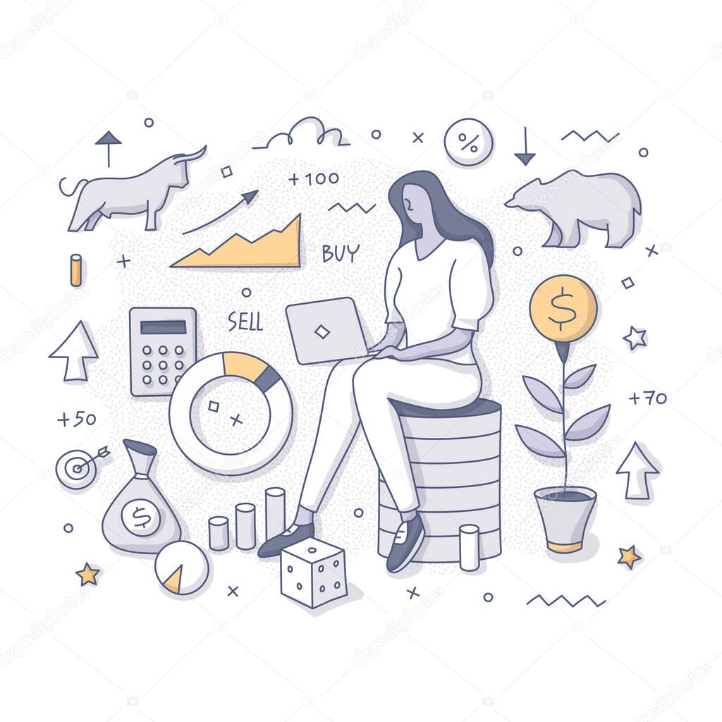 Concept of investing in the stock market. A woman sitting with a laptop in hand and analyzing finance market to make a successful investment. Doodle vector spot illustration