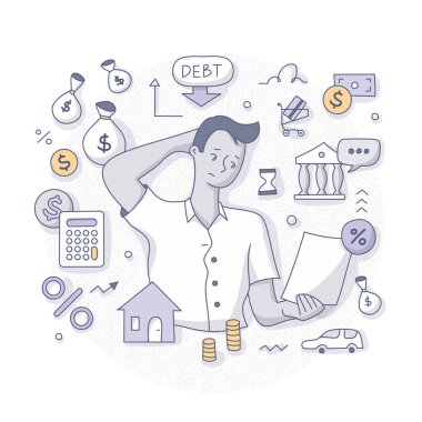 Çok fazla borcun olması kavramı. Kafası karışmış bir adam, ödenecek çok faturası olduğu için maddi zorluklarla karşı karşıya. Doodle vektör nokta illüstrasyonu