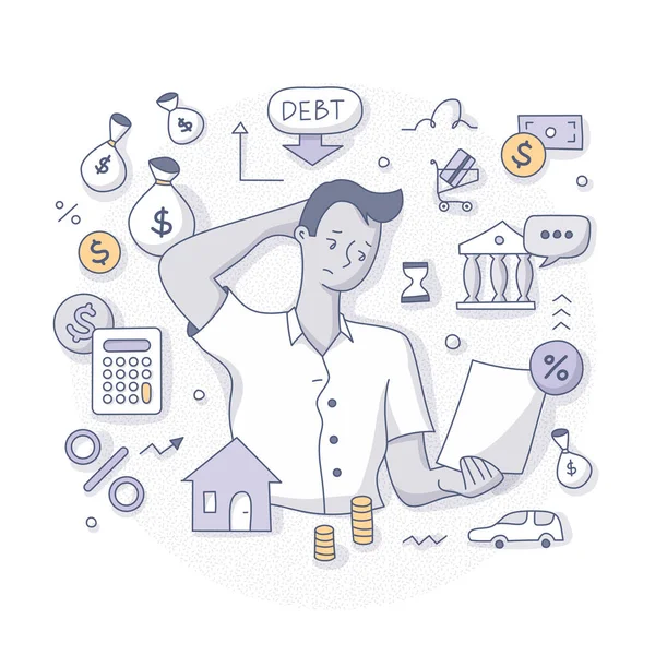 Concept Having Many Debts Confused Man Faces Financial Difficulties Having — Stock Vector