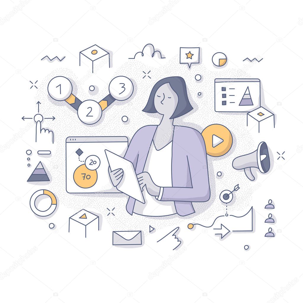 Digital presentation concept. Woman with a digital tablet makes presentation creating and showing diagrams and charts on virtual screens. Doodle vector abstract illustration