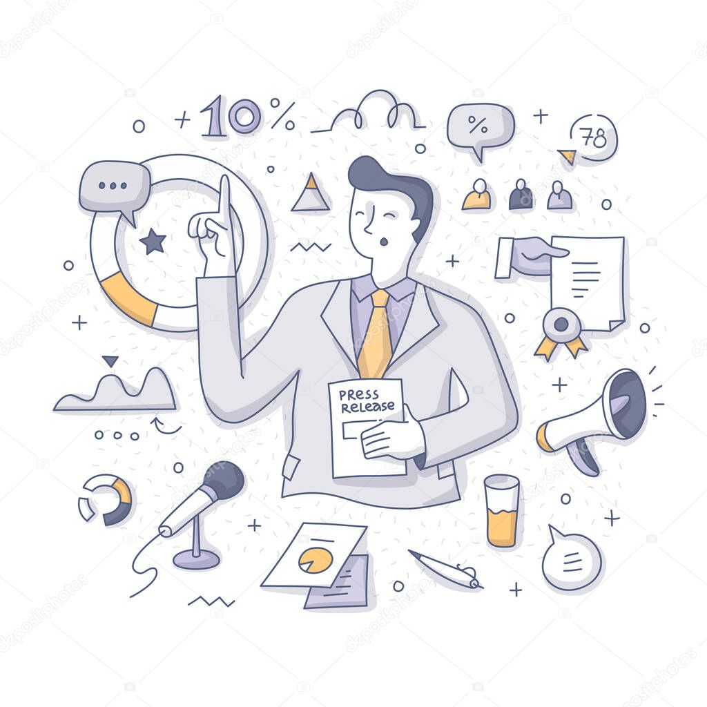 Press release. Businessman highlights the advantages of company product or service presents the report of business efficiency. Concept of marketing and public relations. Doodle abstract illustration