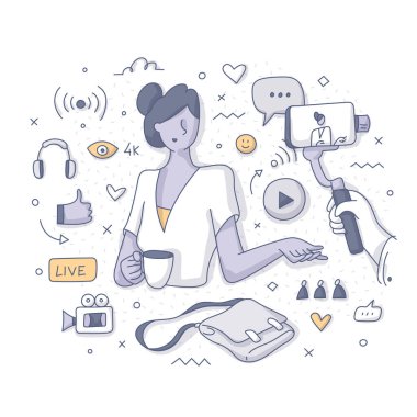 Canlı video içeriği. Kadın blogcu bir cep telefonuyla dinleyicileriyle çevrimiçi konuşuyor. Modern iletişim teknolojileri kavramı. Çizim soyut illüstrasyon