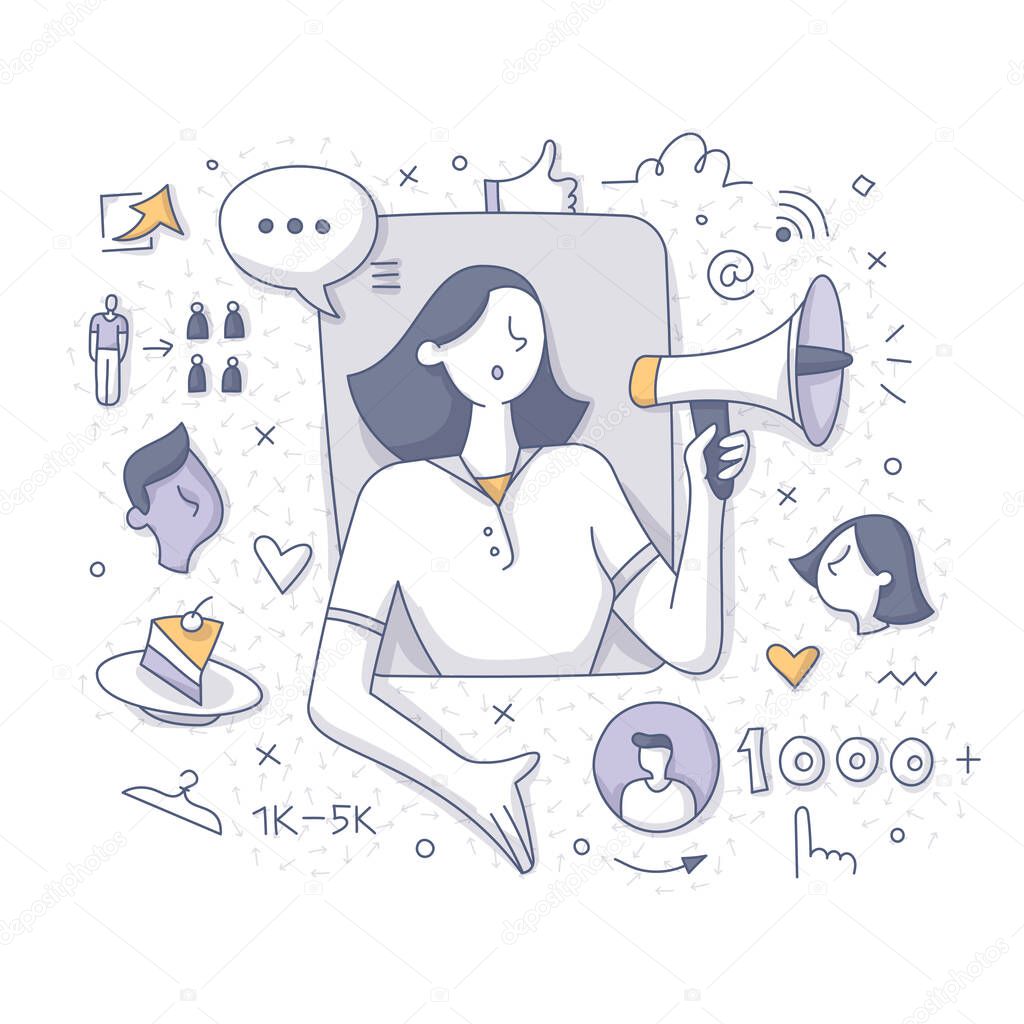 Nano influencer. Woman-social media user promotes products and services for her small size bu active audience. The concept of social media marketing. Doodle abstract illustration