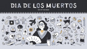 Dia de Los Muertos Urlaubsbanner. Doodles Set mit mexikanischen Tag der Toten Feiertag-Themen-Symbole und Elemente