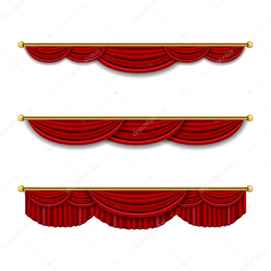 Realistic luxury curtain cornice decor domestic fabric interior drapery textile lambrequin, vector illustration curtaine