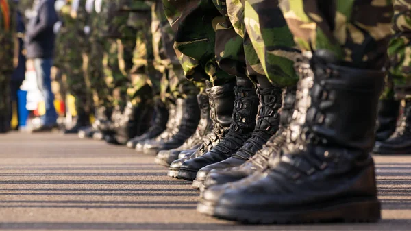 Army boots close up in line on parade day